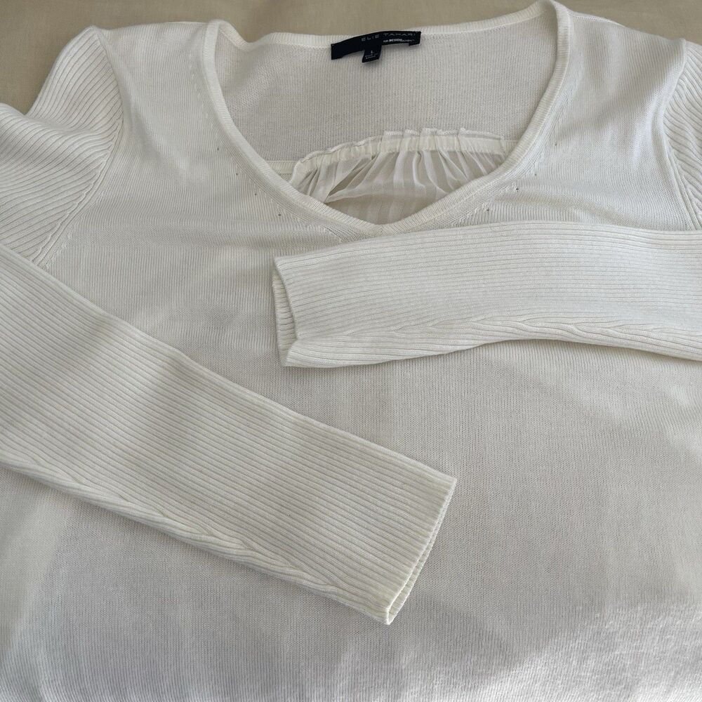 Elie Tahari cream V Neck Knit Hi Low sweater Tunic Sheer pleated back L - Picture 7 of 10